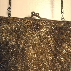 Gold Beaded Vintage Shell Clasped Evening Purse